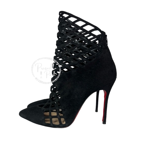 Christian Louboutin Black Suede Pointed Toe Ankle Boots Cutout Stiletto Heel 37 - Picture 15 of 16